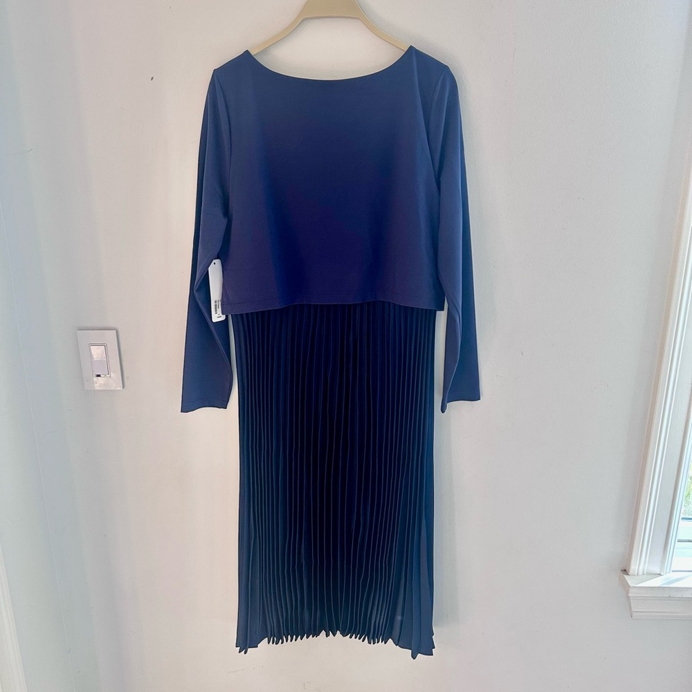 Soft Surroundings Cassandra Midi Dress Pleated Satin Skirt Navy Blue Large P - Picture 8 of 12